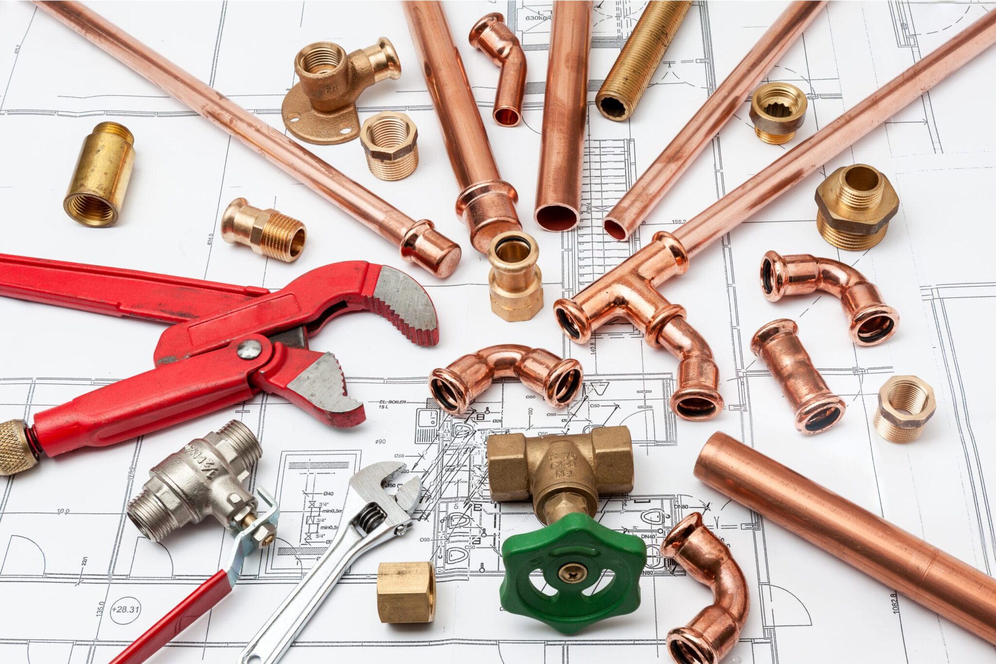 Copper pipes, fittings, valves, and plumbing tools in Crestview