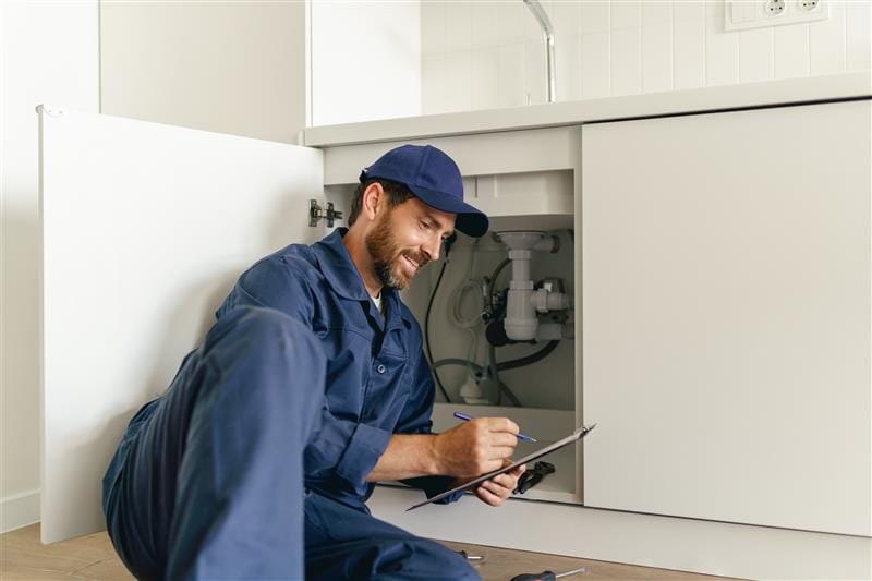 Residential plumber reviewing plumbing repairs in a Crestview kitchen