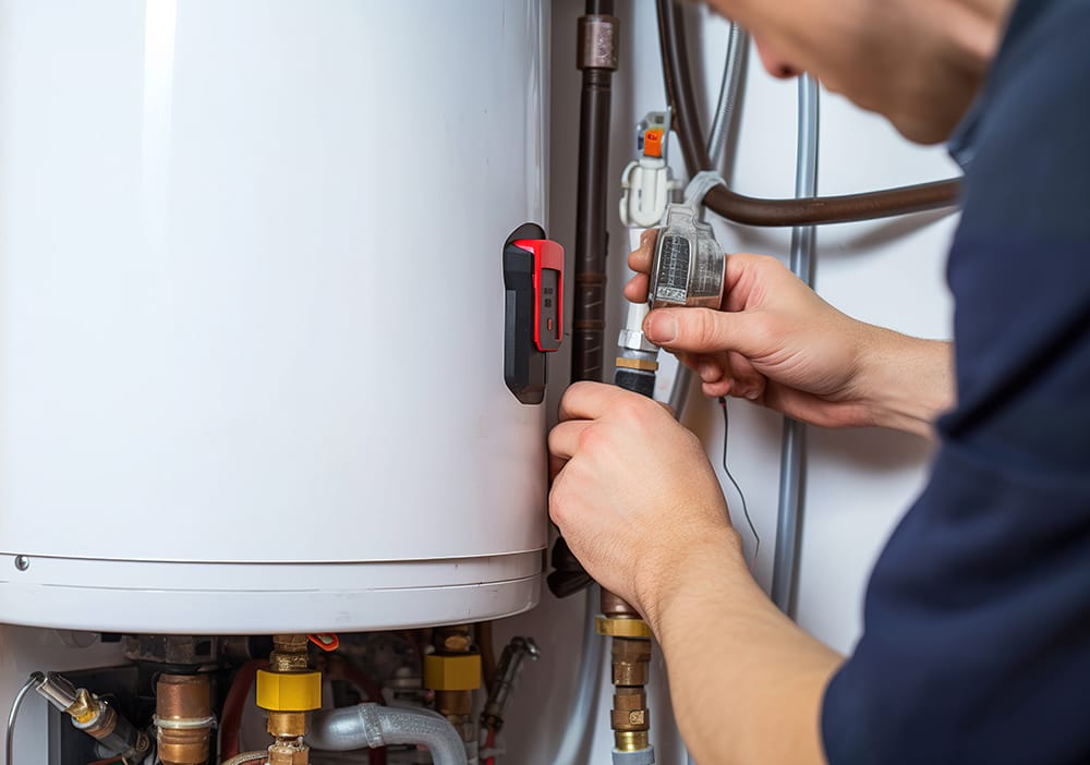 Technician repairing pipes connected to a water heater in Crestview